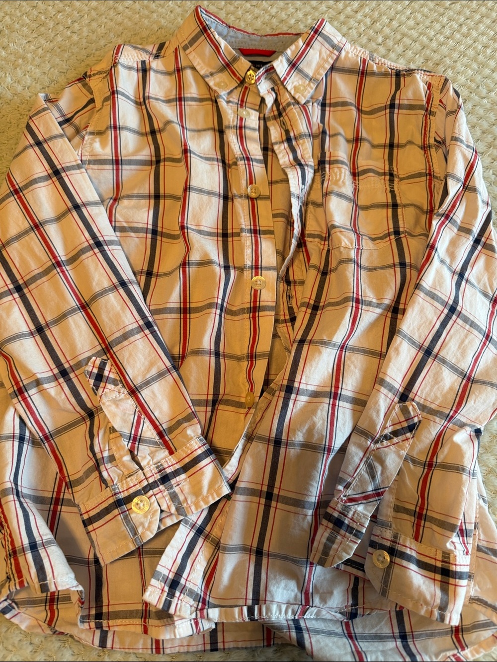 Tommy Hilfiger Beige Plaid Button-Down Shirt with Red & Navy Stripes